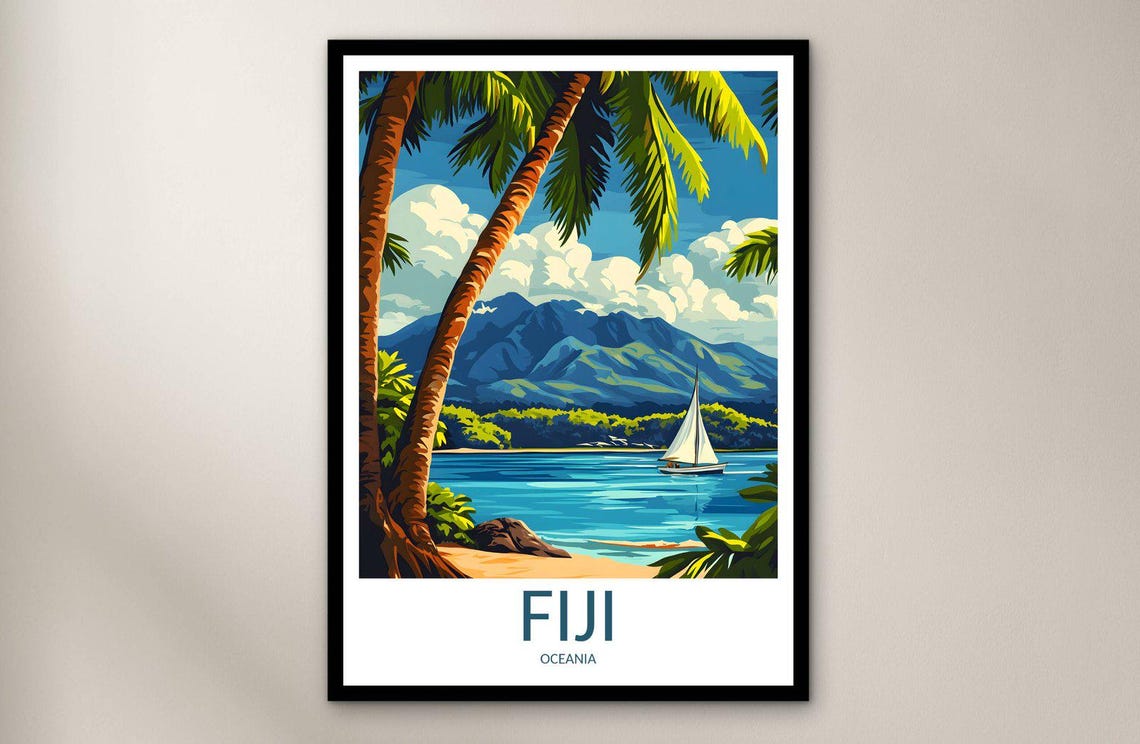 Fiji Oceania Tropical Beach Palms Sailboat Island Escape Poster