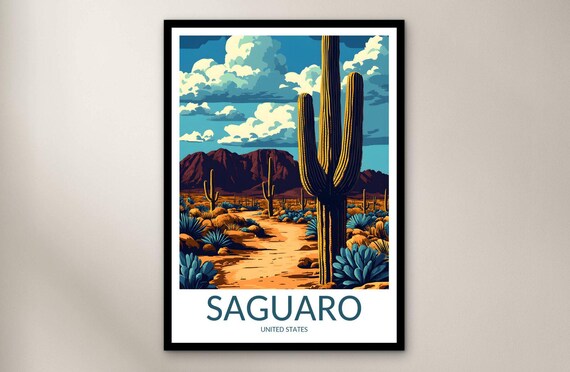 Saguaro United States Desert Cacti and Red Rocks Vintage Travel Poster