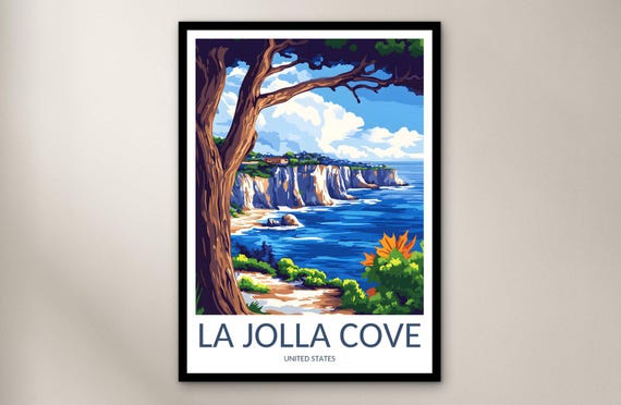 La Jolla Cove Travel Poster Wall Art Print United States Home Decor Gift North America Illustration