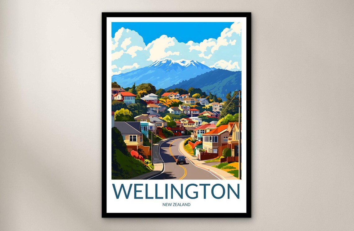 Wellington New Zealand Hillside Suburb Street Mountain Backdrop Poster