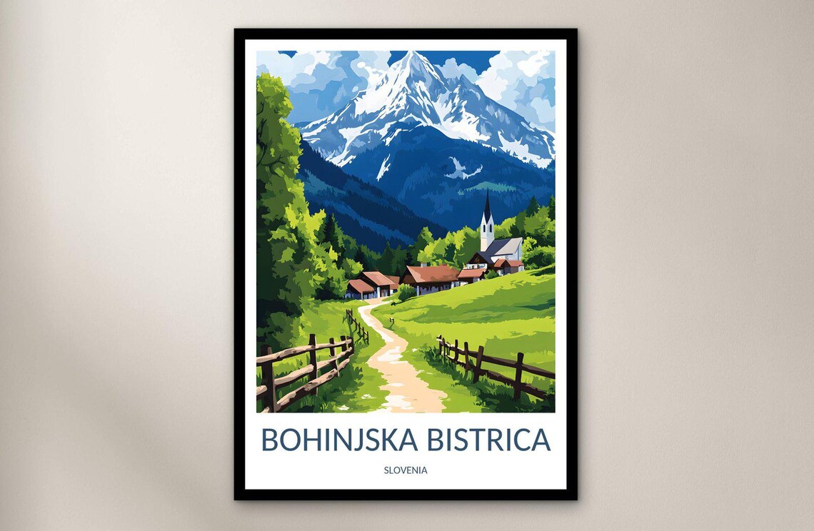 Bohinjska Bistrica Mountain Village Church Vintage Travel Poster