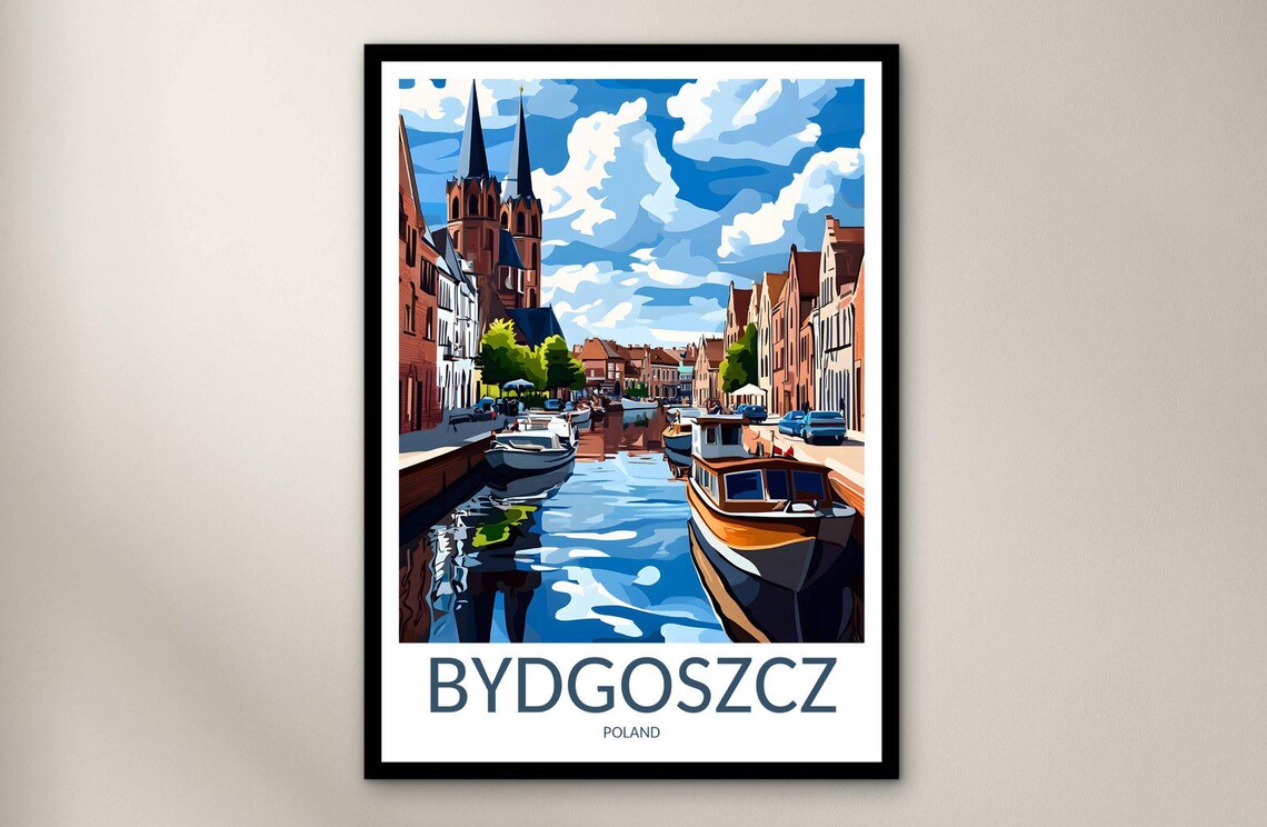 Bydgoszcz Canal Boats Church Towers Old Town Vintage Travel Poster