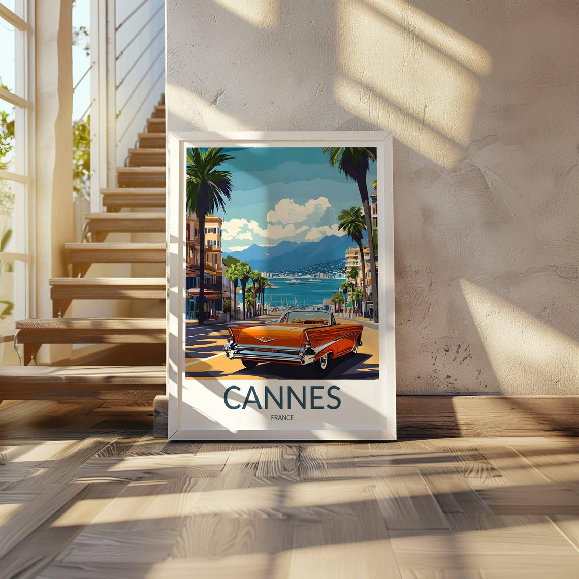 Cannes France Vintage Orange Convertible Seaside Travel Poster