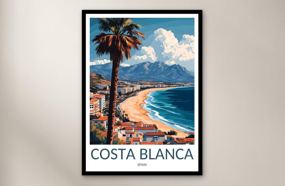 Costa Blanca Spain Sunny Beach Palm Mountains Coast Travel Poster