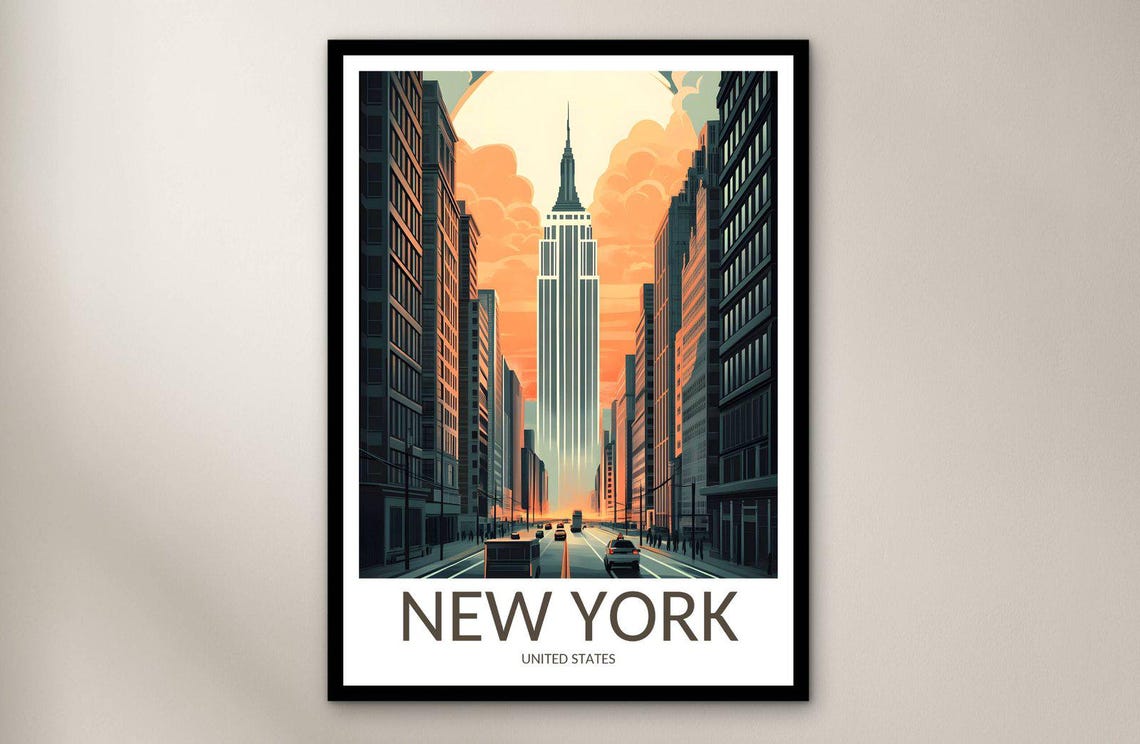 New York City Empire State Building Sunset Street Travel Poster