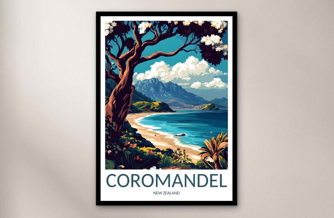 Coromandel New Zealand Tropical Bay and Beach Vintage Travel Poster