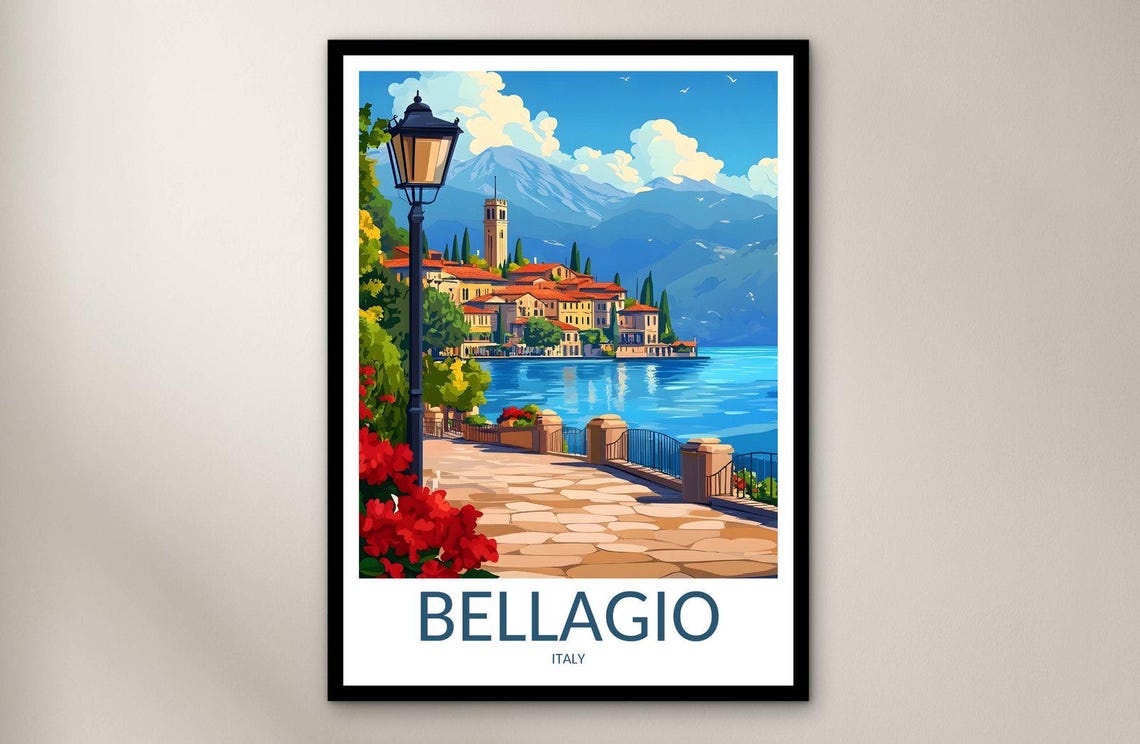 Bellagio Italy Lake Como Scenic Lakeside Promenade Travel Poster