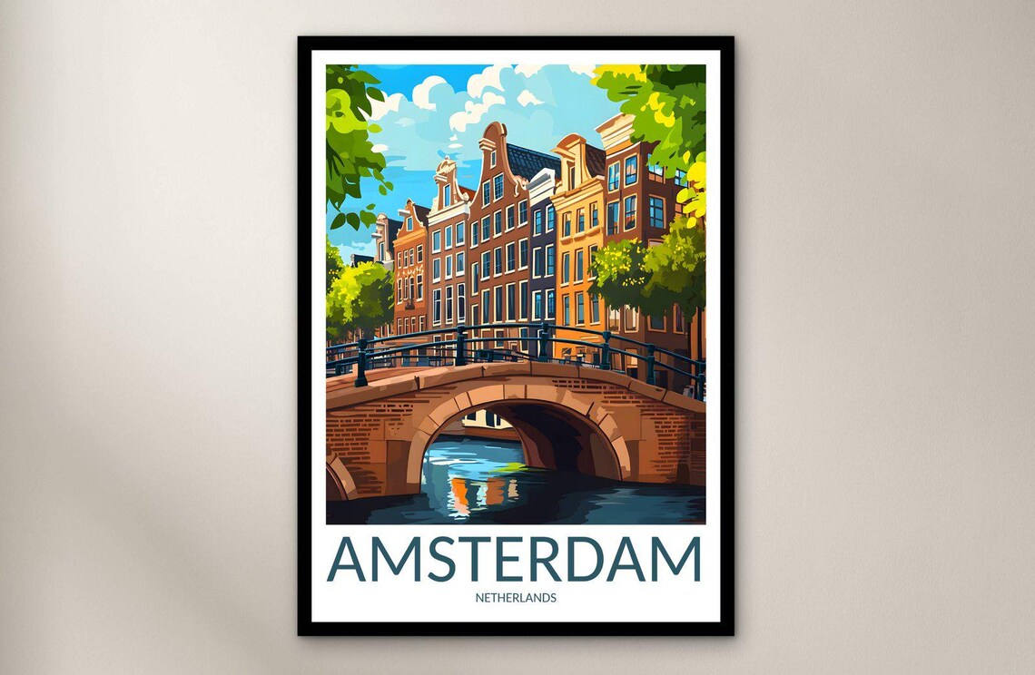 Amsterdam Canal Bridge Gabled Houses Blue Sky Vintage Travel Poster