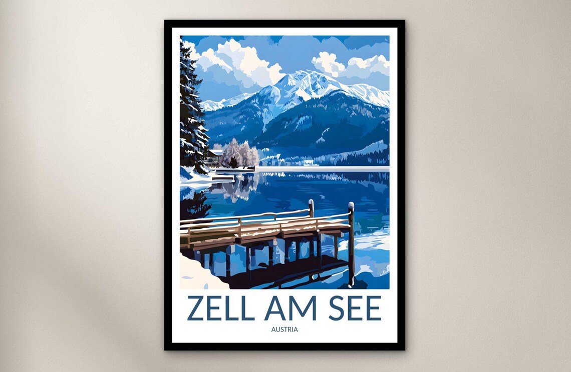 Zell Am See Austria Snowy Alpine Lake Pier Mountain Travel Poster