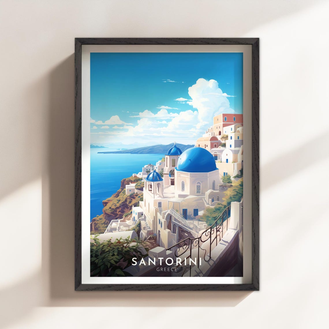 Santorini Greece Blue Domes Aegean Sea Caldera View Travel Poster