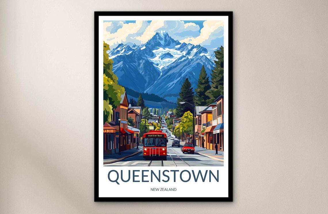 Queenstown New Zealand Alpine Main Street Vintage Travel Poster