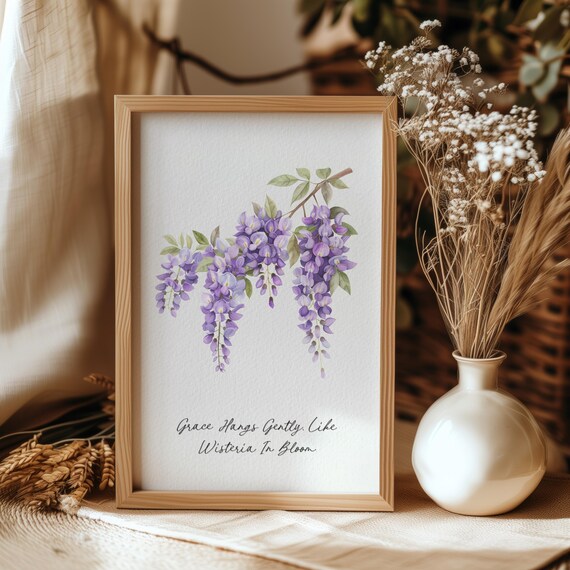 Grace In Bloom Watercolor Wisteria Quote Print Botanical Wall Art