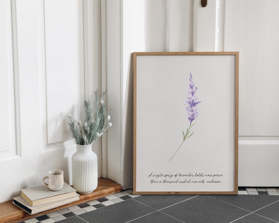 Single Lavender Sprig Peaceful Quote Watercolor Botanical Poster