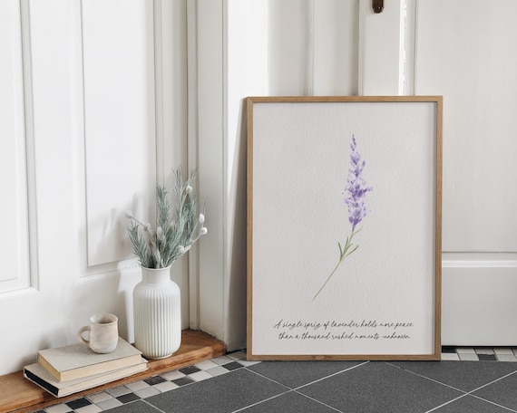 Single Lavender Sprig Peaceful Quote Watercolor Botanical Poster