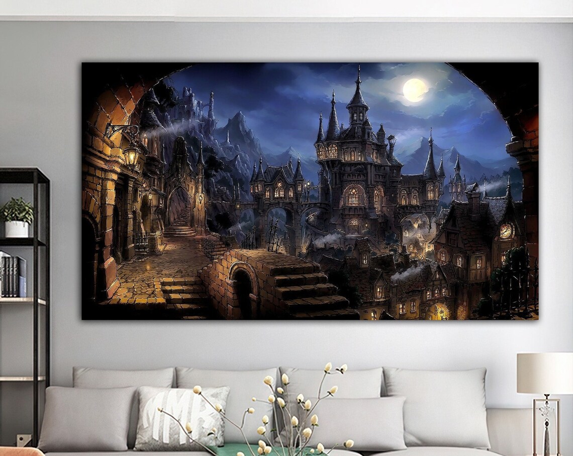 Moonlit Fantasy Castle Medieval Town Night Lights Gothic Wall Poster
