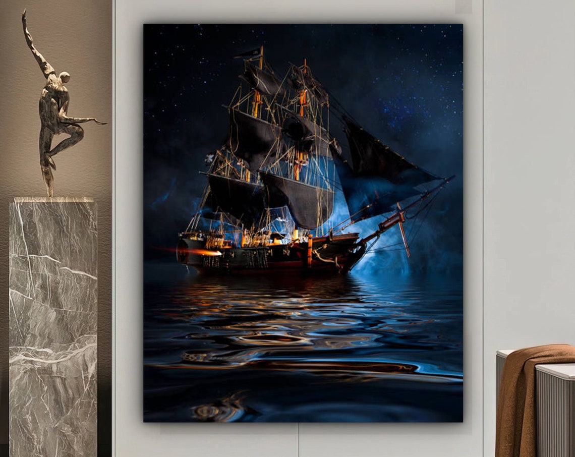 Tall Pirate Ship Sailing Night Starry Sky Moonlit Sea Wall Art Poster