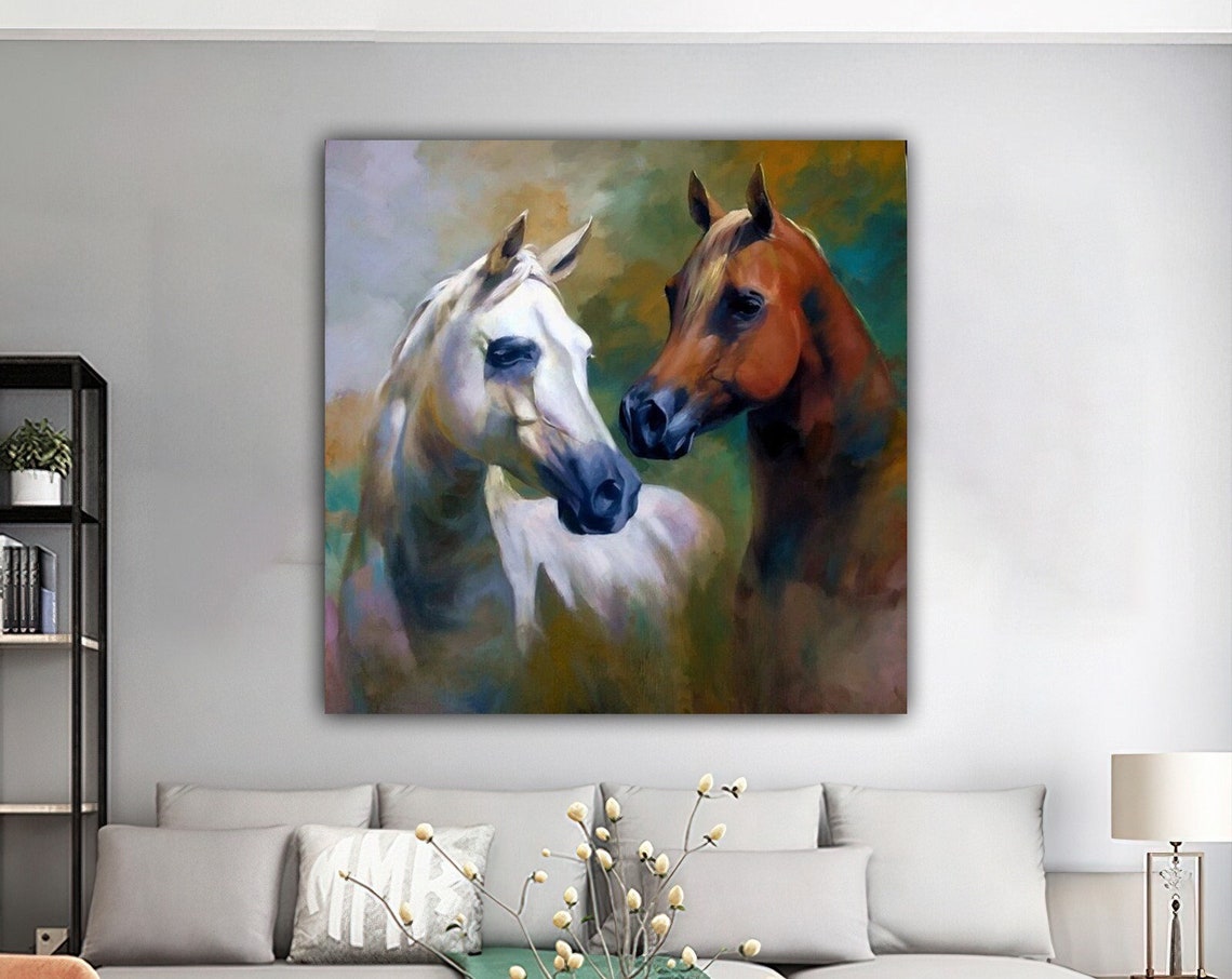 Two Horses White Brown Pair Painterly Equine Portrait Wildlife Poster