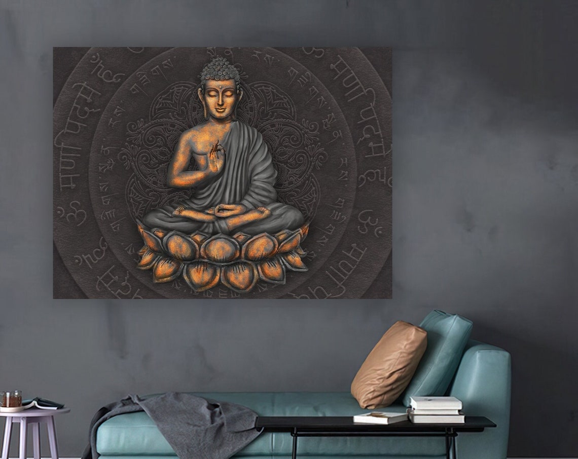 Buddha Lotus Statue Sacred Script Mandala Dark Zen Art Print