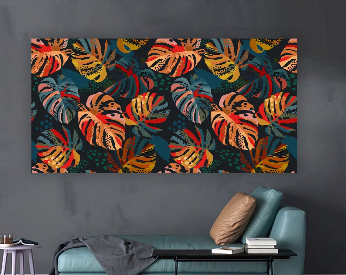 Tropical Monstera Leaves Colorful Pattern Dark Botanical Art Poster