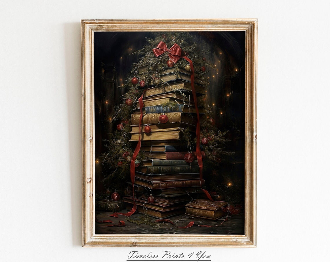 Vintage Book Stack Christmas Tree Dark Academia Xmas Art Print