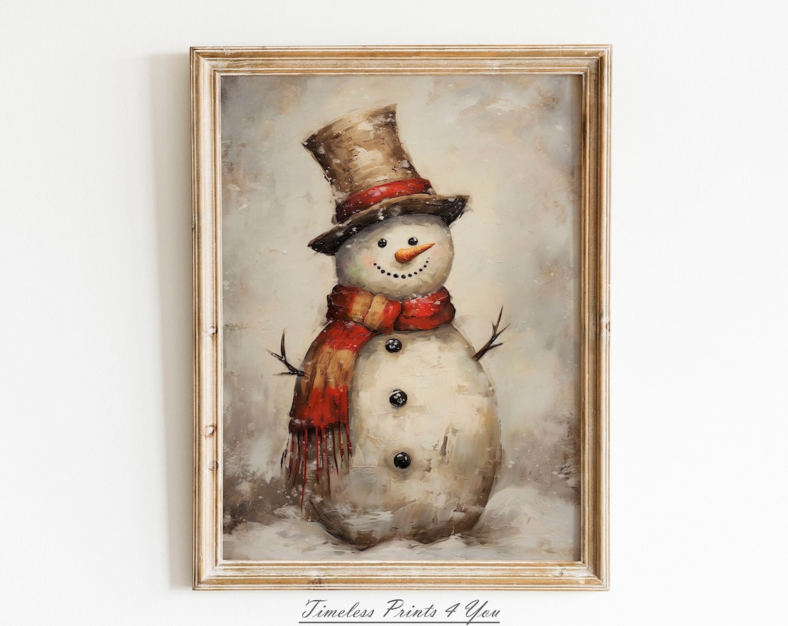 Snowman Rustic Christmas Vintage Art Print