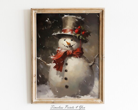 Snowman Vintage Christmas Art Print, Rustic Decor