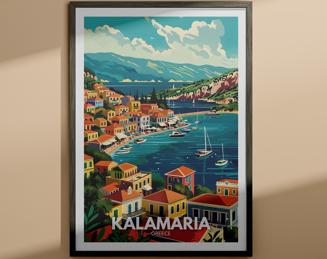 Kalamaria Greece Bay Sailboats Colorful Waterfront Art Poster