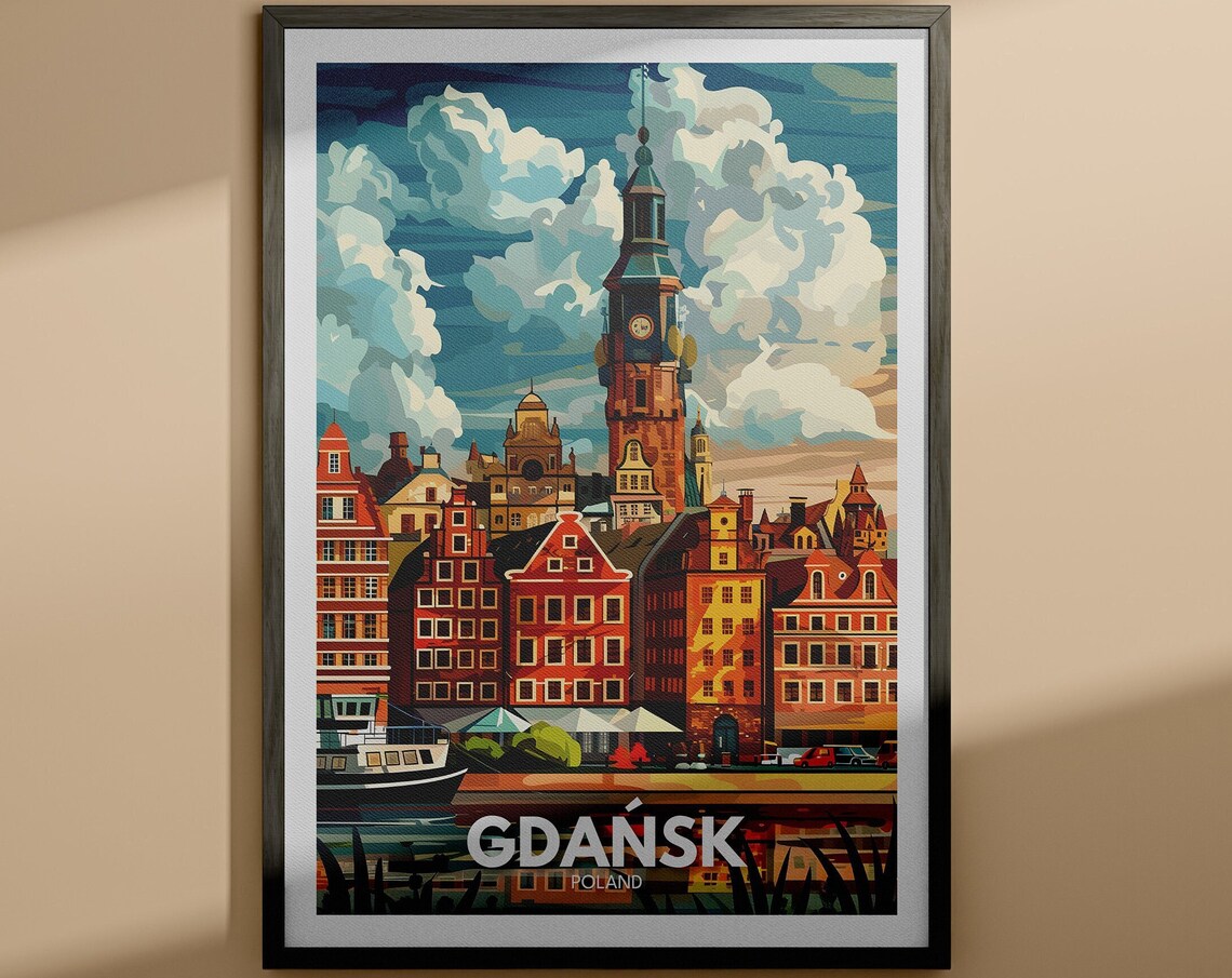 Retro Gdansk Poland Waterfront Brick Cityscape Travel Poster