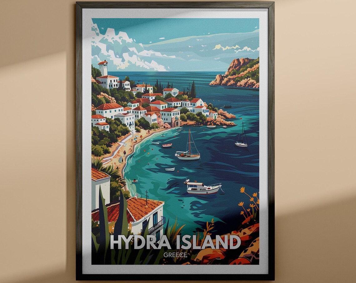 Hydra Island Greece Harbor Sailboats White Houses Travel Poster
