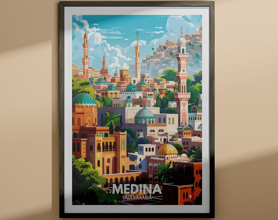 Medina Saudi Arabia Mosque Minarets Vintage Travel Poster Art