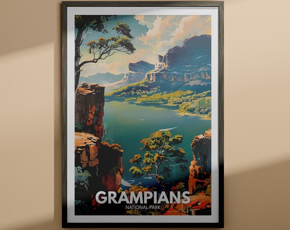 Grampians National Park Cliff Lake Waterfall Vintage Travel Poster