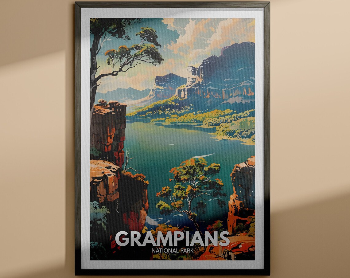 Grampians National Park Cliff Lake Waterfall Vintage Travel Poster