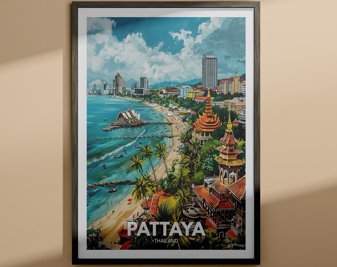 Pattaya Thailand Beachfront Aerial Golden Temples Travel Poster