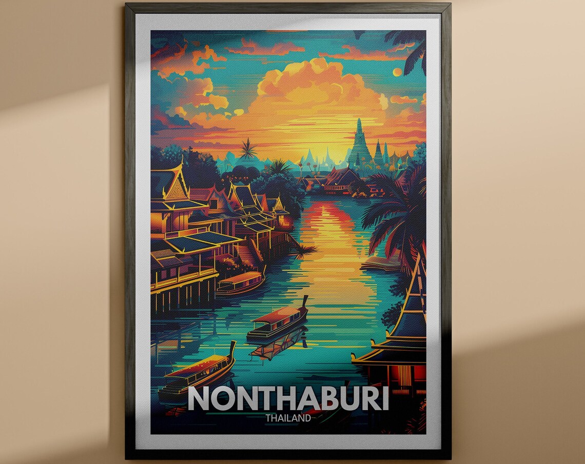 Nonthaburi Thailand River Evening Sunset Temple Stupa Travel Poster