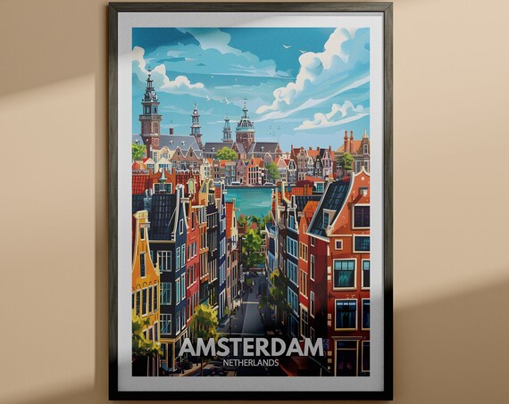 Amsterdam Netherlands Canal Houses Old Town Skyline Travel Poster