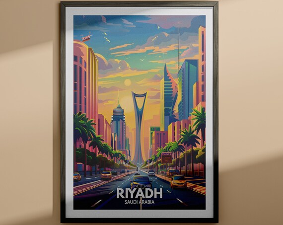 Riyadh Saudi Arabia Modern Skyline Sunset Skyscrapers City Travel Poster
