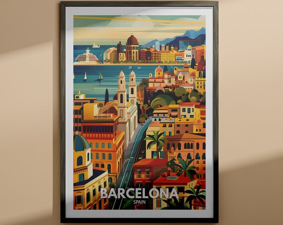 Barcelona Spain Colorful Harbor Cityscape Art Illustration Travel Poster