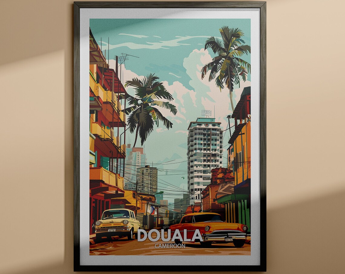 Douala Cameroon Vintage Cars Palm Street City Scene Travel Poster