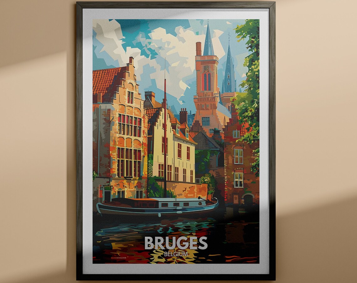 Bruges Vintage Canal City Medieval Towers Belgium Travel Poster
