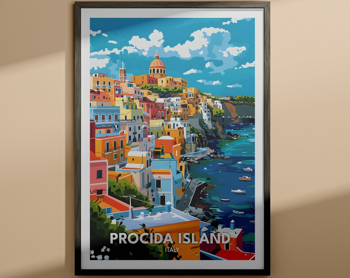 Procida Island Italy Colorful Pastel Coast Village Scene Poster