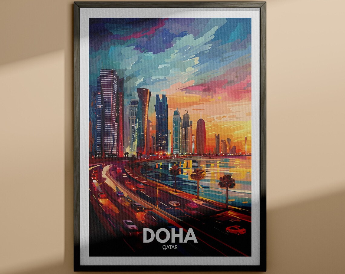 Doha Qatar Skyline Sunset Corniche Highway Waterfront Travel Poster