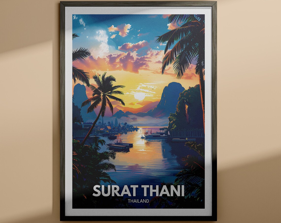 Surat Thani Thailand Sunset Bay Palms Tropical Travel Poster