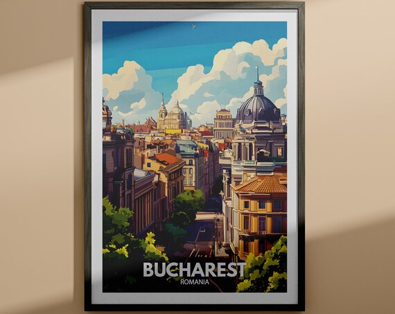 Bucharest Romania Historic City Skyline Domes Sunset Travel Poster