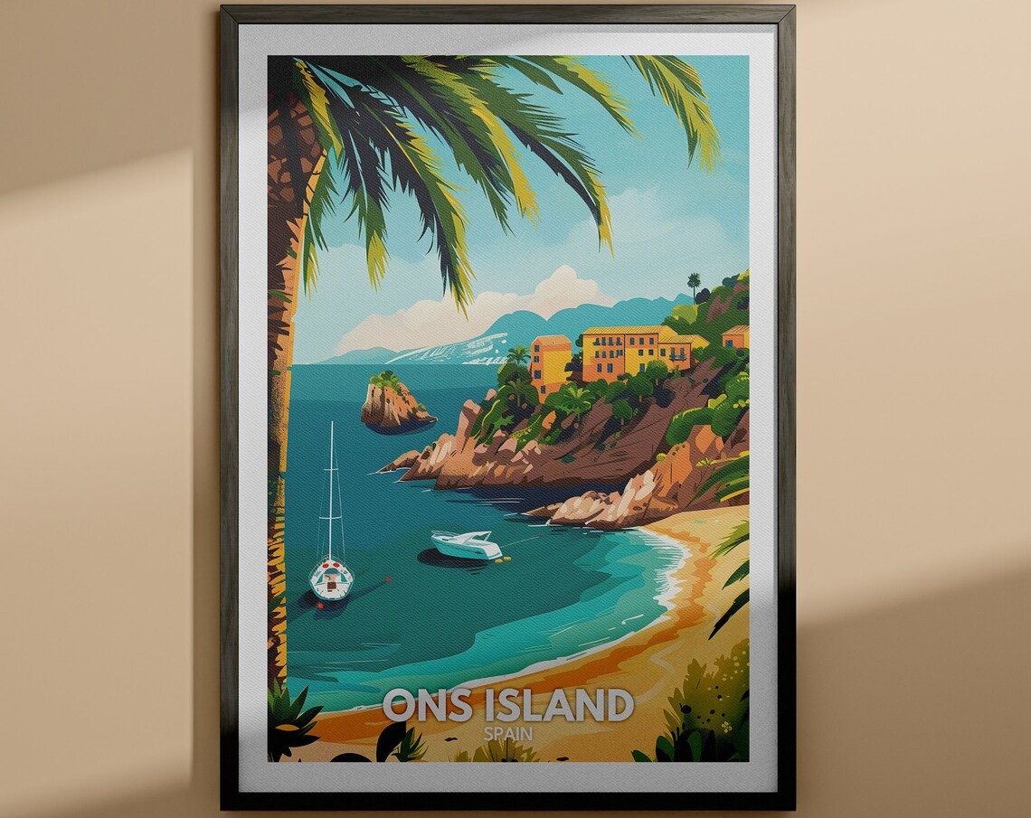 Ons Island Spain Tropical Beach Coves Palm Tree Retro Travel Poster