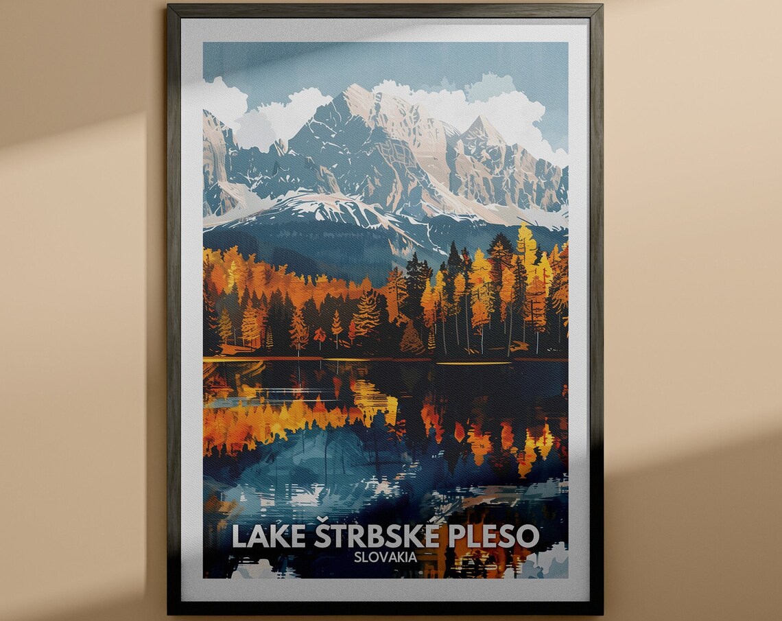 Lake Štrbske Pleso Slovakia Autumn Mountain Reflection Travel Poster