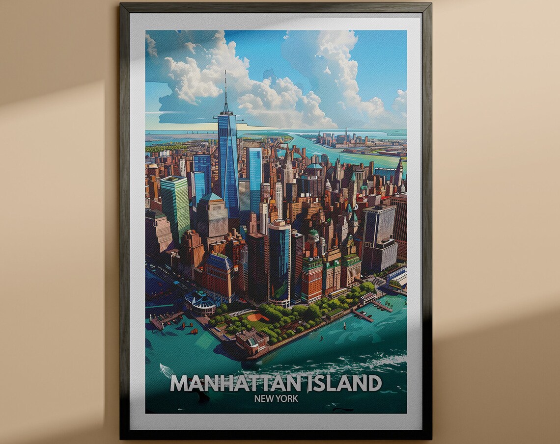 Manhattan Island New York City Skyline Freedom Tower Travel Poster