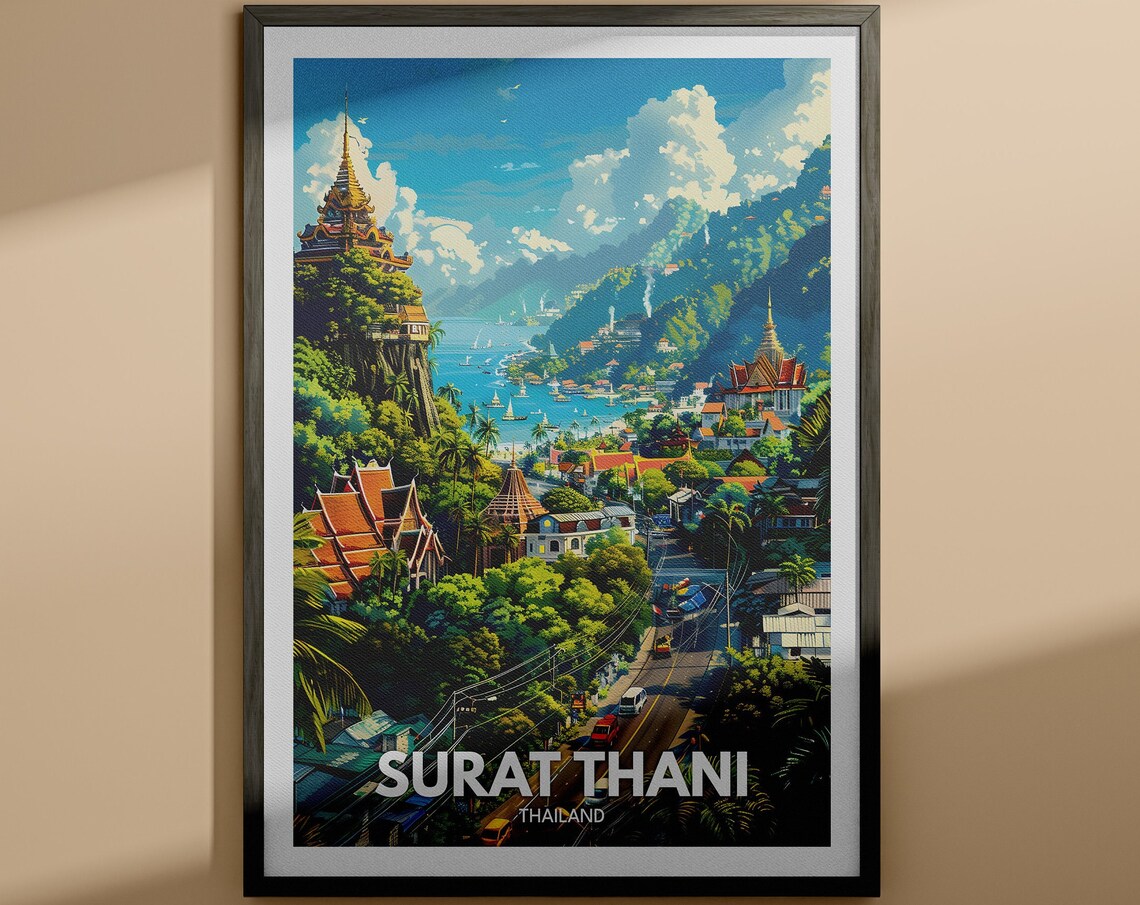 Surat Thani Thailand Coastal Temples Golden Chedi Travel Poster