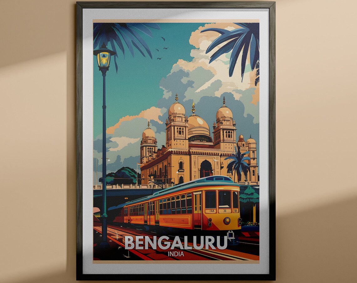 Bengaluru India Palace Domes Tram Street Vintage Travel Poster