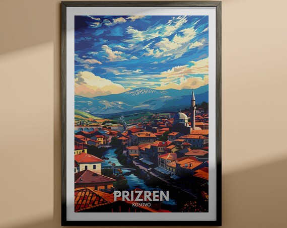 Prizren Kosovo Old Town Minaret River Mountains Vintage Travel Poster
