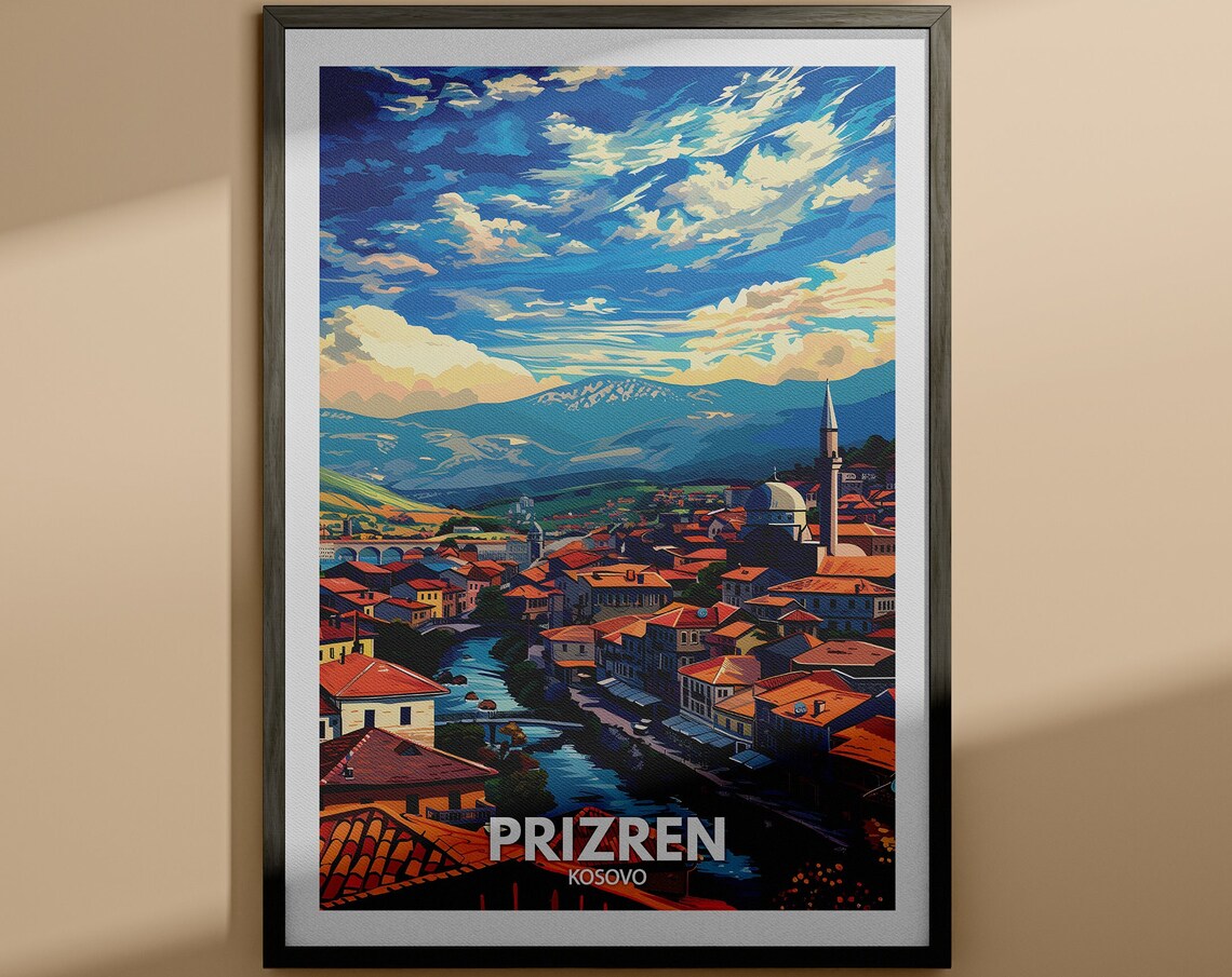 Prizren Kosovo Old Town Minaret River Mountains Vintage Travel Poster